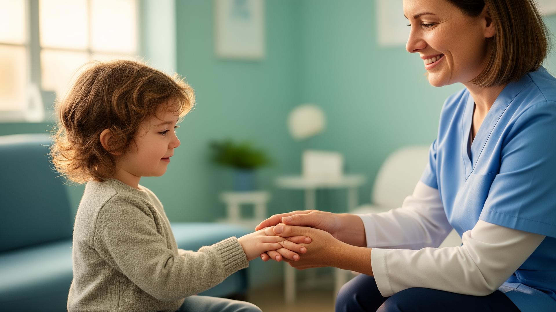 Criança e terapeuta tocando as mãos em sinal de parceria e confiança